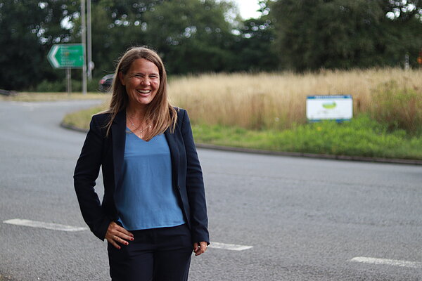 Vikki stood in front of the Bakers Arms Roundabout