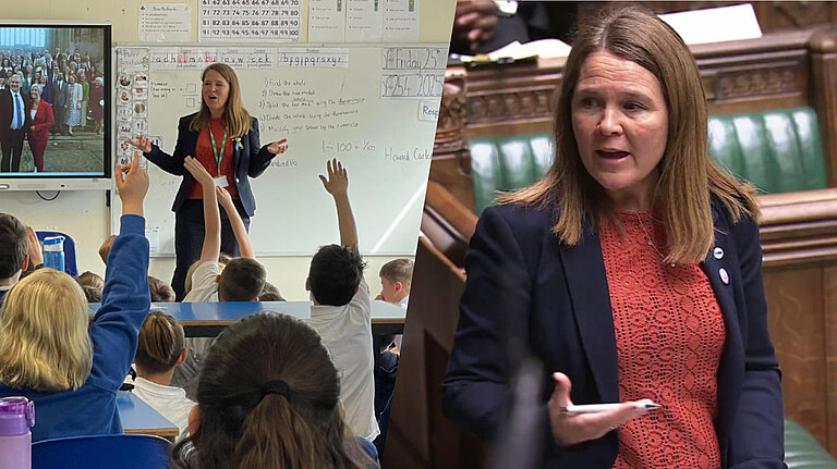 A split photo of Vikki in a school and Vikki speaking at the House of Commons
