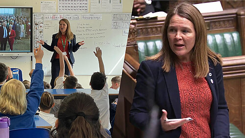 Two photos - Vikki in a school (left) and Vikki speaking in the House of Commons (right)