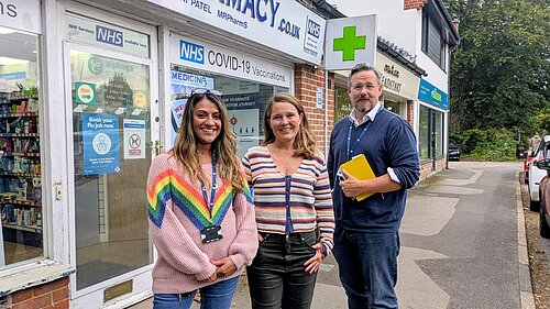 Vikki Slade, Jindy Atwal and Andy Todd stood outside Colehill Pharmacy